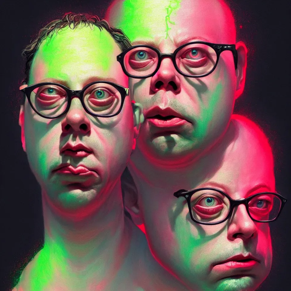 Image similar to bright realistic todd solondz turning into god and satan, diffuse lighting, fantasy, intricate, elegant, highly detailed, lifelike, photorealistic, digital painting, artstation, illustration, concept art, smooth, sharp focus, art by francis bacon