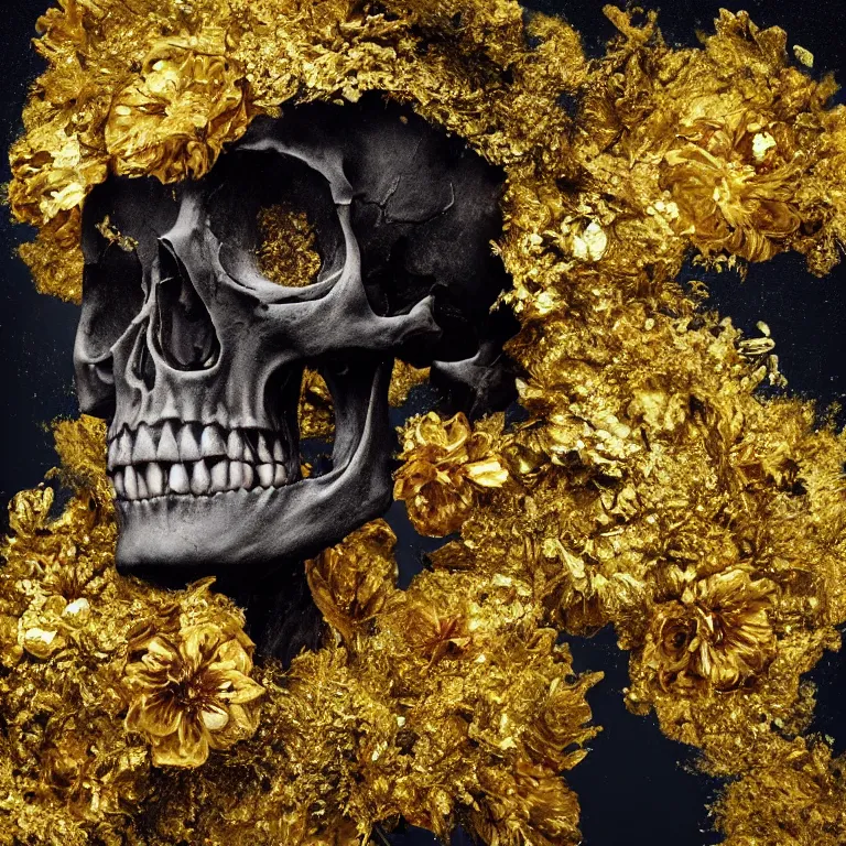 Prompt: A beautiful oil painting hyperrealism of a decayed black head, rotting black clay skin, skull bones, gold flowers, gold floral headdress, 8k resolution, octane render, Trending on artstation, by Gediminas Pranckevicius, volumetric light 2blue fractal Thunder glow by dan mumford, anaglyph effect, Laurie Lipton