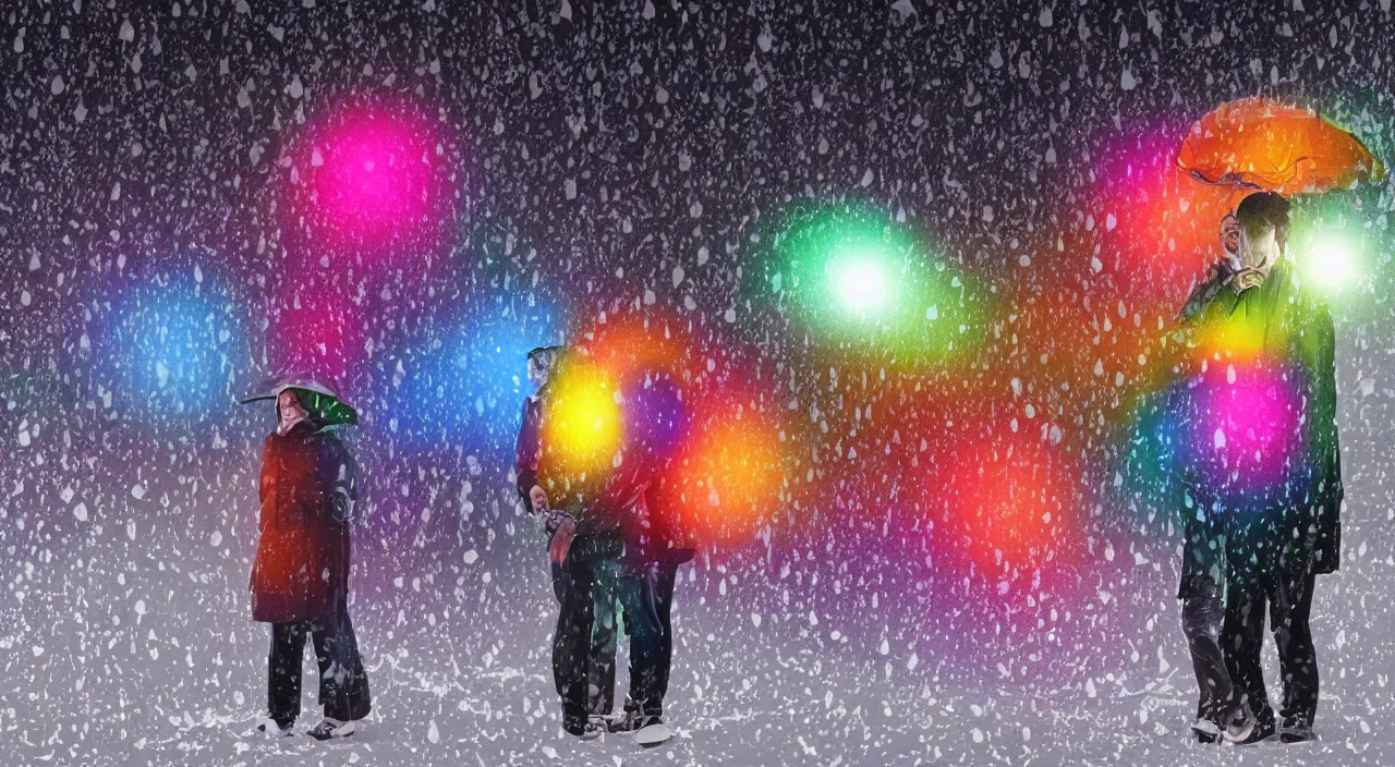 Image similar to multicolor 3 d render of two people hides in snow and rain, falling lights, rendered in maya in high resolution