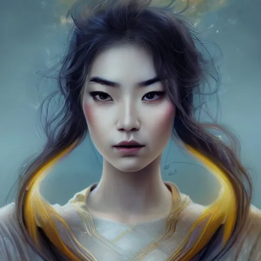 Image similar to lightning angel character portrait, Asian face, cinematic lighting, glowing golden eyes, hyper-detailed, cgsociety, 8k, high resolution, in the style of Charlie Bowater, Tom Bagshaw, Artgerm, single face, symmetrical, headshot photograph, insanely detailed and intricate, beautiful, elegant, watercolor, cinematic, portrait, Raphaelite, headroom, artstation