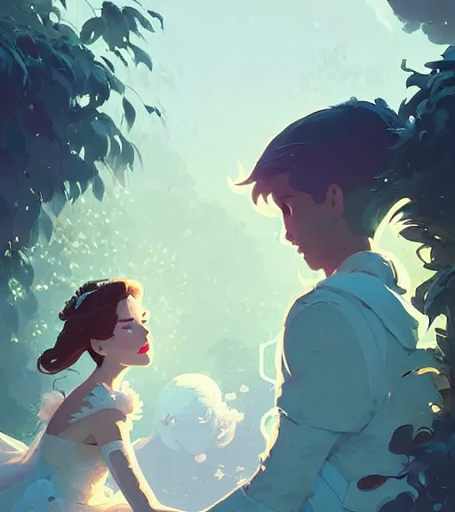 Prompt: a princess and a prince near face to face in the beautiful garden by atey ghailan, by greg rutkowski, by greg tocchini, by james gilleard, by joe fenton, by kaethe butcher, dynamic lighting, gradient light blue, brown, blonde cream and white color scheme, grunge aesthetic