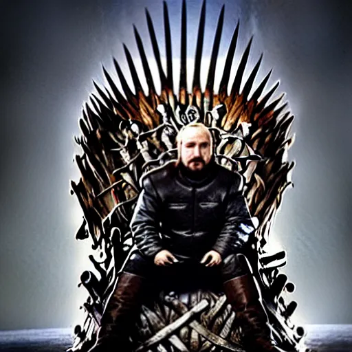 Image similar to “Putin sitting on the iron throne, 4k, award winning, Digital art, scene from game of thrones”