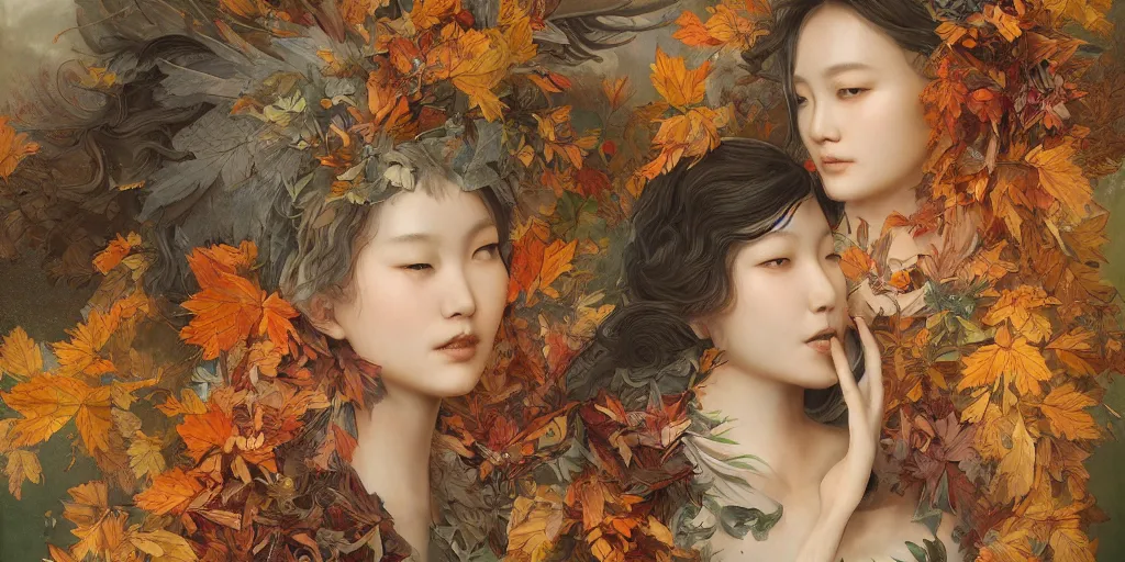 Image similar to breathtaking detailed concept art painting blend of two goddess of autumn leaves by hsiao - ron cheng with anxious piercing eyes, vintage illustration pattern with bizarre compositions blend of flowers and fruits and birds by beto val and john james audubon, exquisite detail, extremely moody lighting, 8 k
