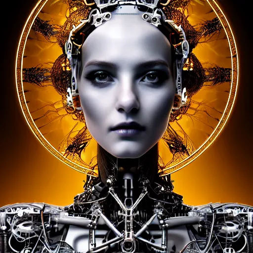 Image similar to portrait of the beautiful young robotic goddess of metal, surreal, fantasy, intricate, mechanical, elegant, dramatic lighting, emotionally evoking symbolic metaphor, highly detailed, gears, lifelike, photorealistic, digital painting, painterly, artstation, concept art, smooth, head in focus, sharp focus, illustration, art by John Collier and Krenz Cushart and Artem Demura and Alphonse Mucha and Albert Aublet,