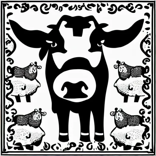 Image similar to belzebub, cow, pig, sheep, chicken, white on black vector ink drawing