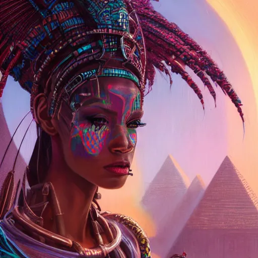 Image similar to highly detailed portrait of an african neon egyptian goddess, intricate alien technology, stephen bliss, unreal engine, fantasy art by greg rutkowski, loish, rhads, ferdinand knab, makoto shinkai and lois van baarle, ilya kuvshinov, rossdraws, tom bagshaw, global illumination, radiant light, detailed and intricate environment