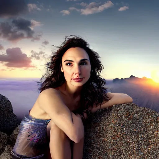 Image similar to Portrait of the beautiful woman Gal Gadot, she is posing, she has a crown of flowers, she is sitting on a rock at the side of a volcano, there is fog, she is getting ulluminated by the rays of the sunset, the photo was taking by Steve McCurry, matte painting, oil painting, naturalism, 4k, 8k