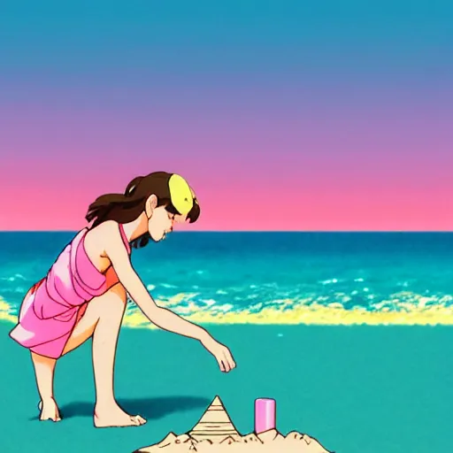 Image similar to girl making a sand castle on the beach, sprite, vaporwave nostalgia, visual novel cg, 8 0 s anime vibe, studio ghibli, sketch by by osamu tezuka, directed by beat takeshi, wallpaper, ultra hd, vlc screenshot