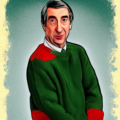 Image similar to mr. rodgers in a blood stained sweater, digital art