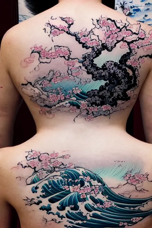 Image similar to back tattoo of cherry blossom tree floating over a tidal wave, in japanese traditional art style