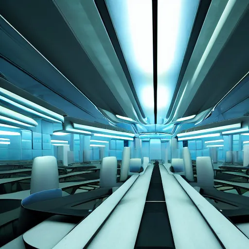 Prompt: detailed futuristic - utopian fantasy, futuristic - natural - beauty, artstation style, honeycomb halls, interior, futuristic government chambers, very large hall with many cubicles of desks and chairs arranged in circles, many computer screens, soft lamp illumination and multiple doorways, synthwave, futuristic - utopian architecture