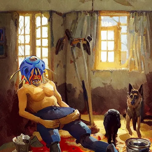 Image similar to a humanoid german shepherd beast - man, sitting and watching a soccer match in his house on television, he has hurt his knee and is a dad, by erin hanson, alexi zaitsev, karl spitzweg, award winning, tv set