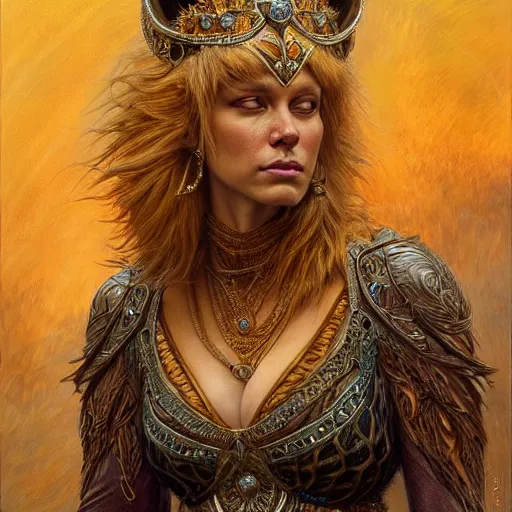 Image similar to highly detailed portrait of a majestic lioness queen in the form of a beautiful woman. d & d, art by donato giancola. trending on artstation, intricate details, energetic composition, golden ratio, concept art, illustration, elegant art, global illuminaition