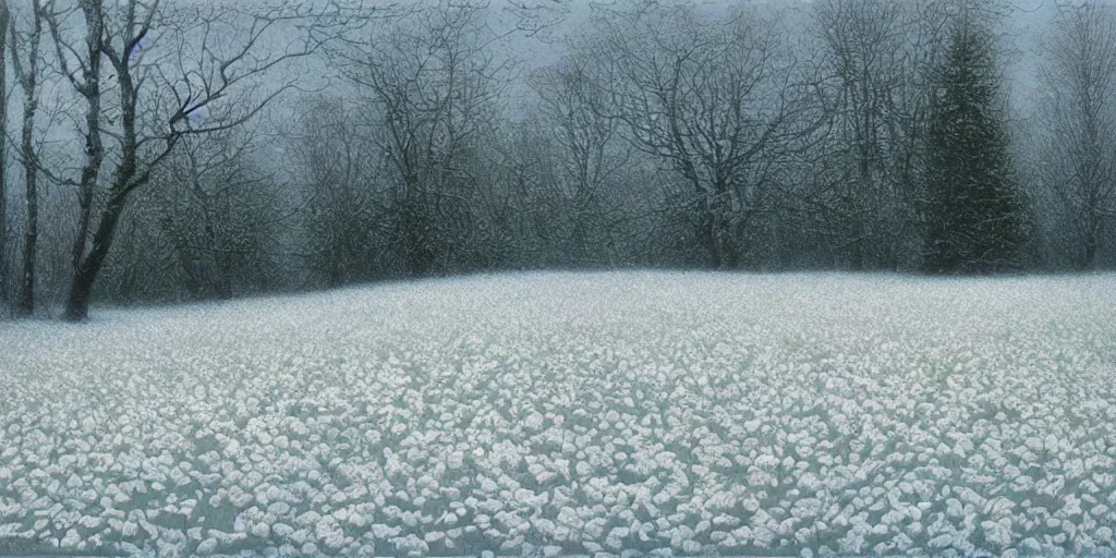 Prompt: Artwork by John Howe of huge piles of white petals here make this clearing look like a snowy wonderland.