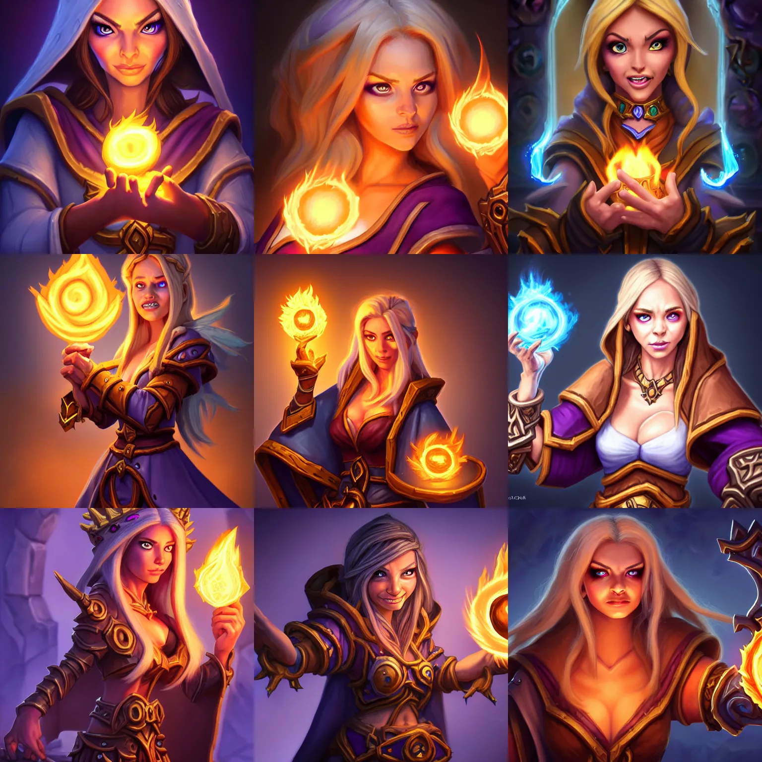 Prompt: Hearthstone official professional art, with realistic beautiful face & eyes. A sorceress, wearing a robe casting a fire ball. Insanely coherent and well drawned physical body parts (face, arms, legs, hair, eyes). Full body, sharp focus, 8k high definition, insanely detailed, intricate, elegant, smooth, sharp focus, illustration, ArtStation