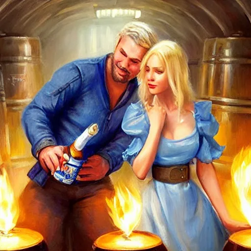 Image similar to blonde woman and Jango Fett drinking beer in a cellar, romantic, cozy, inviting, love, torches, painting by Vladimir Volegov