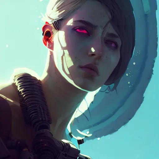 Prompt: portrait of cyberpunk greek goddess by atey ghailan, by greg rutkowski, by simon stalenhag, by greg tocchini, by james gilleard, by joe fenton, by kaethe butcher dynamic lighting, gradient light blue, brown, blonde cream and white color scheme, grunge aesthetic