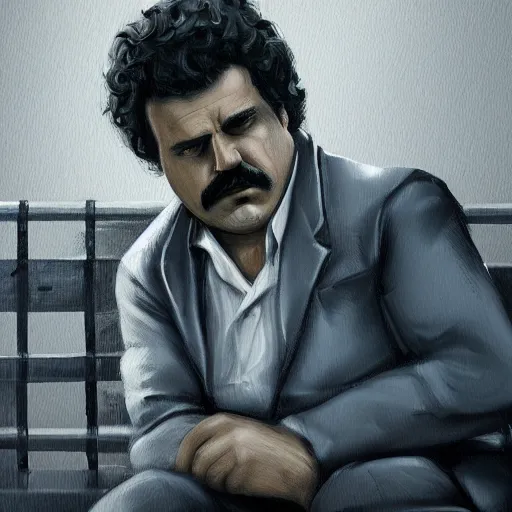 Image similar to pensive pablo escobar seating on a bench waiting, digital painting, artstation, concept art, sharp focus, illustration, portrait