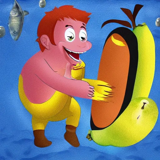 Image similar to a banana fighting an apple in the deep sea