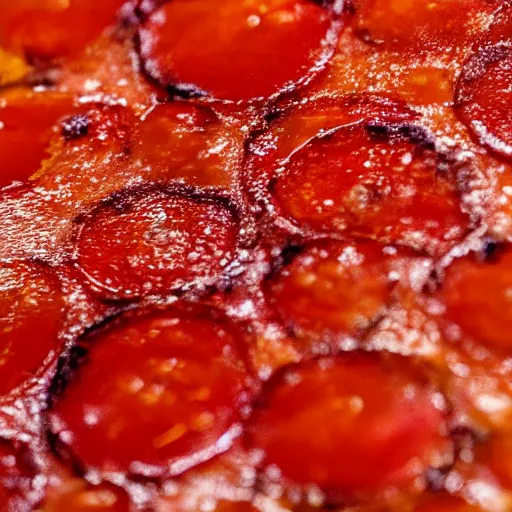 Prompt: extreme micro close - up of a pepperoni slice that looks like the boiling sun.