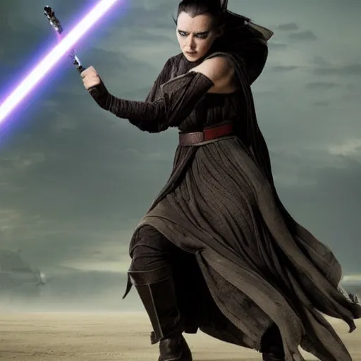 Prompt: evil corrupted rey from star wars, sith lord, dark side, cinematic movie image, both hands raised to use the force, hd photo, full body shot, face focus