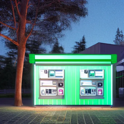 Prompt: photo of glowing sci fi container connected to a gas station in a pleasant urban setting with trees, day - time, sun overhead, award - winning, high res, 4 k, hyper realistic