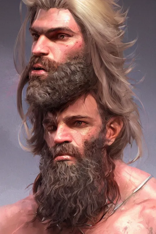 Prompt: Buff Man, Shining pink armor, long beard, messy hair, realistic, detail, high fantasy, greatsword, ArtstationHD, cgsociety, by Frank Franzzeta