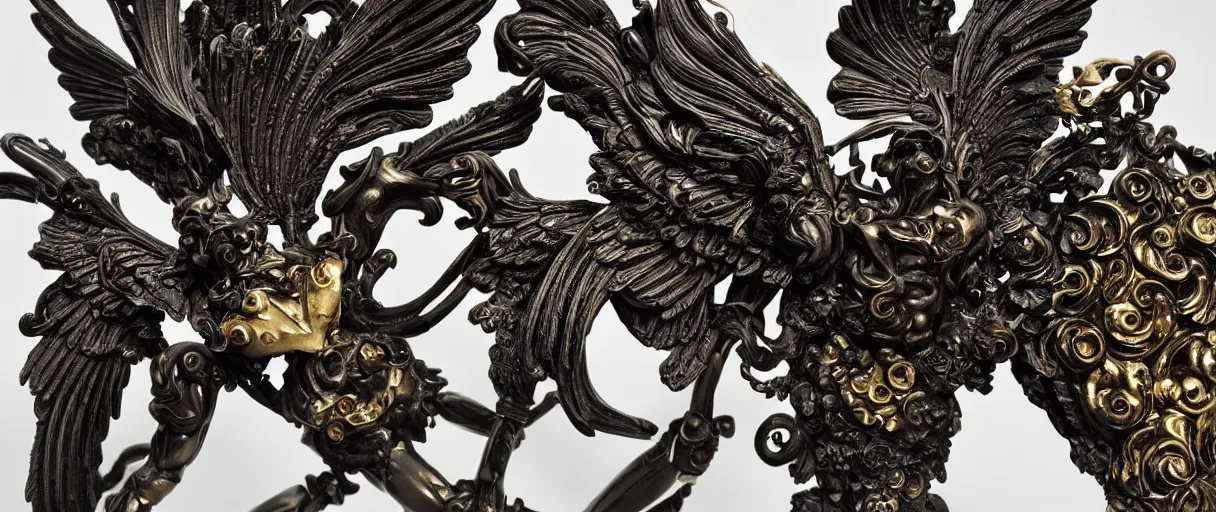 Image similar to carved black marble mechanical sculpture wearing hard surface armour, subtle gold accents, frontal view, ivory rococo, wings lace wear, hyper detailed, insane details, intricate