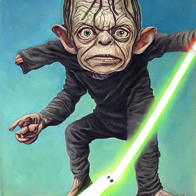 Image similar to painting of gollum as luke skywalker holding a light saber