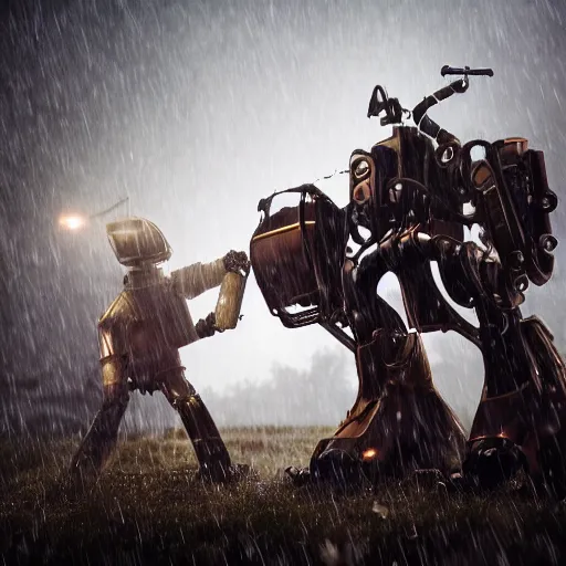 Image similar to steampunk robot warriors battling each other in heavy rain, ground fog, @, moody lighting, 8 k, lightning, shallow depth of field, cinematic lighting,