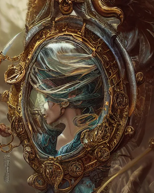 Image similar to close up shot of an amulet, d & d, fantasy, intricate, elegant, highly detailed, digital painting, artstation, concept art, smooth, sharp focus, illustration, in the style of artgerm and greg rutkowski and alphonse mucha