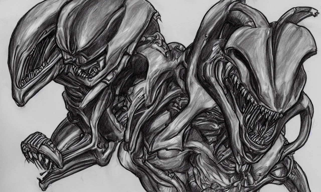 Image similar to a bad distorted rough sketch of one xenomorph drawn by a 4 year old kid