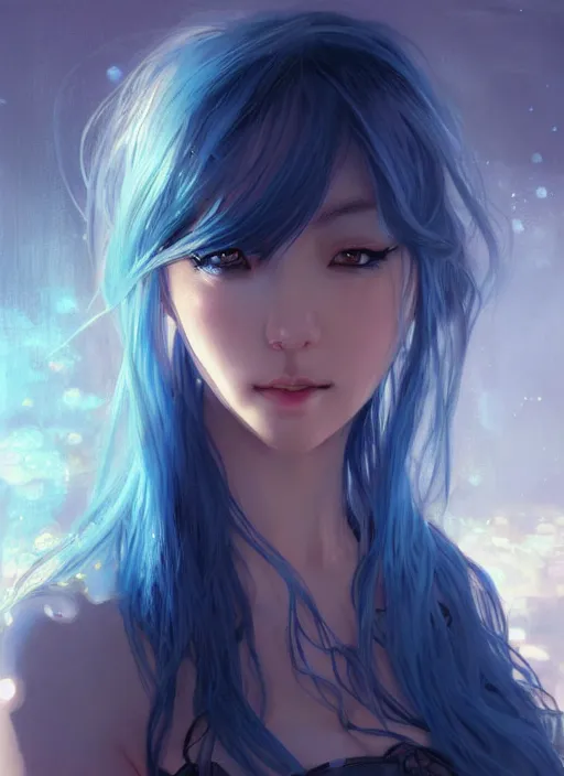 Image similar to stunningly beautiful female blue hair, dj sura face, fantasy art, dark light night, sharp focus, digital painting, 8 k, concept art, art by wlop, artgerm, greg rutkowski and alphonse mucha