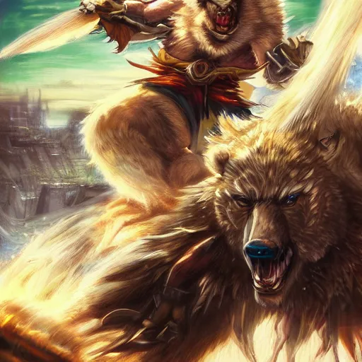 Prompt: anime style bear fighting a Leonin from Magic the Gathering, very detailed, fantasy art, city in the background