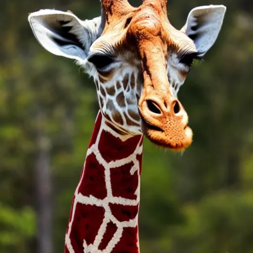 Prompt: national geographic photo of a giraffe wearing a red tie on its neck