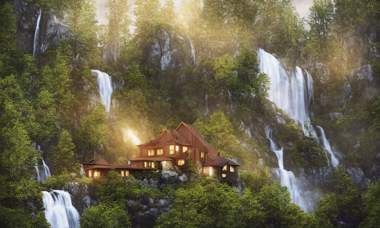 Image similar to beautiful large scandinavian house in the forest on a hill, a large waterfall flows down from the mountain in the background, vector art, fabulous, random cinematic view, no noise, global illumination, warm lighting, volumetric, by jordan grimmer