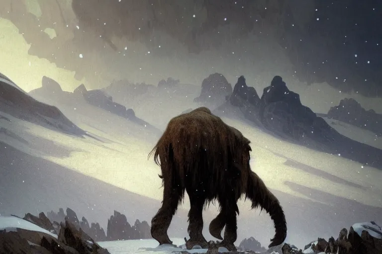 Prompt: a mammoth walking in a terrible snowstorm, luminous sky, by greg rutkowski and alphonse mucha, gradient brown to white, rocky mountains background, highly detailed landscape, digital painting, artstation, concept art, smooth, sharp focus illustration