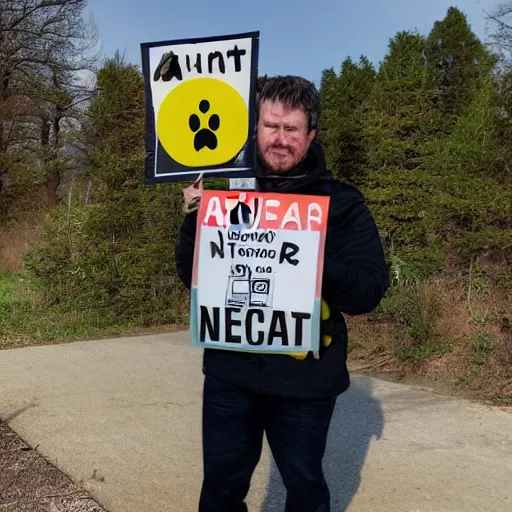 Prompt: professional photo of a dog holding a sign with a nuclear radiation warning on it