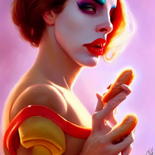 Image similar to Lana Del Ray eating a hot dog in clown makeup, closeup, D&D, fantasy, intricate, elegant, highly detailed, digital painting, artstation, concept art, matte, sharp focus, illustration, hearthstone, art by Artgerm and Greg Rutkowski and Alphonse Mucha