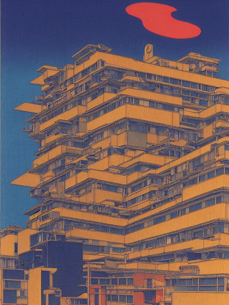 Image similar to a psychedelic hallucination of a brutalist hotel in the atmosphere clouds of venus, by kawase hasui, moebius, edward hopper, colorful flat surreal design, dramatic lighting, hd, 8 k, artstation