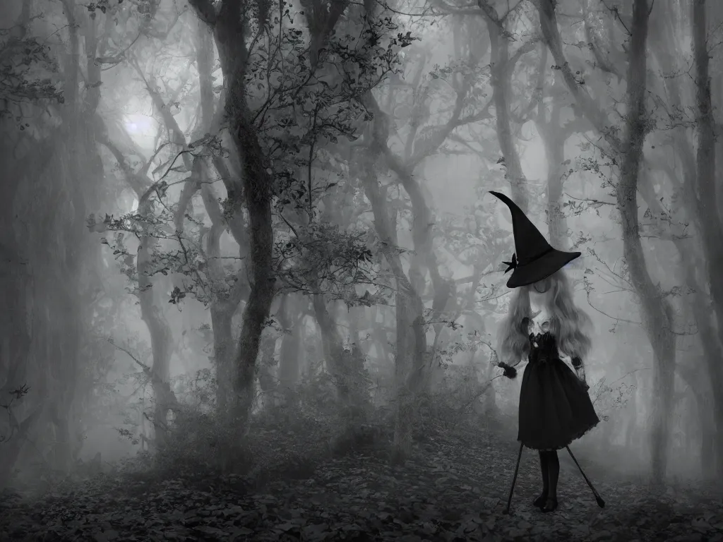 Image similar to cute gothic fumo plush witch girl ventures deep into the forbidden forest, black and white, volumetric fog and smoke, the bog of dark abyss, vray