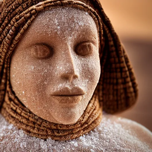 Image similar to salt woman covered in salt shaped like a 30 year old woman in ancient Canaanite clothing, desert drought background. 40mm lens, shallow depth of field, split lighting