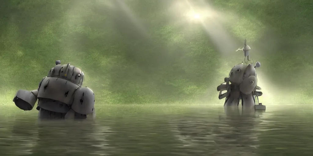 Image similar to a cell - shaded cartoon movie still from howl's moving castle ( 2 0 0 4 ) of a giant mechanical golem lifting a huge stone in a flooded rainforest valley. shafts of sunlight come from above. a ufo is in the sky. wide shot, very dull muted colors, hd, 4 k, hq