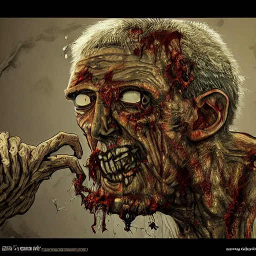 Prompt: elderly zombie man, intricate, art by greg rutkowsk, high detailed, 4 k,