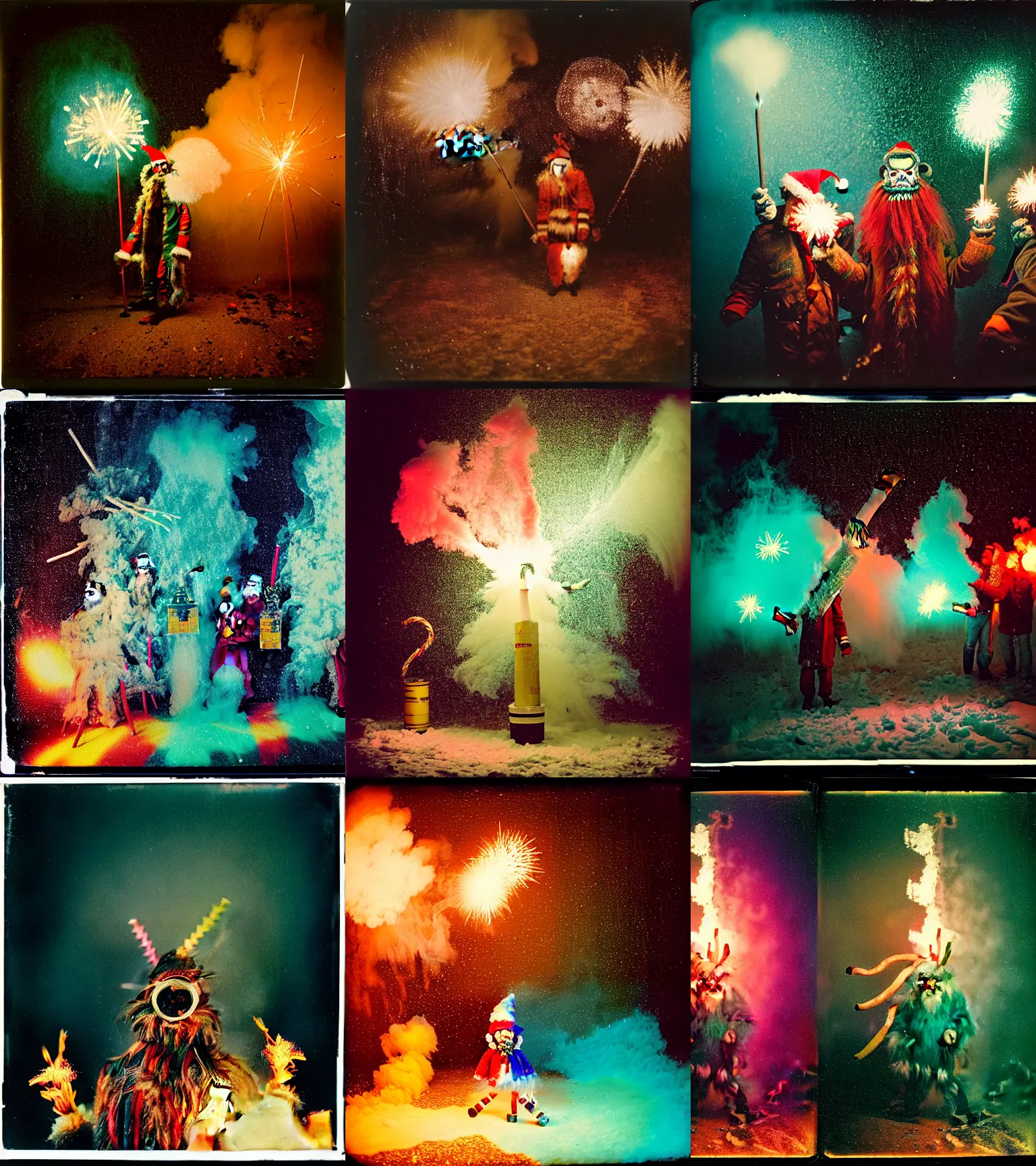 Image similar to kodak portra 4 0 0, wetplate, winter, snowflakes, rainbow coloured rockets, chaos, glitter tornados, award winning dynamic photo of a bunch of hazardous krampus between exploding fire barrels by robert capas, motion blur, in a small pantry at night with colourful pyro fireworks and torches, teal lights