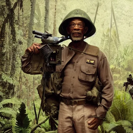 Image similar to an extremely detailed matte painting of a ridiculously good looking morgan freeman that looks like a jewish gigachad in the vietnam war, wearing a ballistic helmet from patton, long curly hair, camouflaged gear, very detailed, jungles of vietnam beautiful, intricate, cinematic, artstation, william bouguereau, alphonse mucha, greg rutkowski, stanley kubrick, octane render