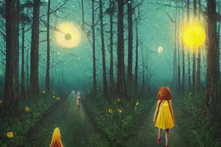 Image similar to giant sunflower head, girl walking in a moonlit forest, hills, surreal photography, dark night, star trails, dramatic light, impressionist painting, clouds, digital painting, artstation, simon stalenhag