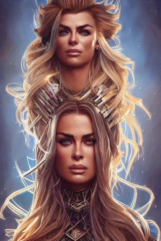 Image similar to symmetry!! portrait of carmen electra in the style of horizon zero dawn, machine face, intricate, elegant, highly detailed, digital painting, artstation, concept art, smooth, sharp focus, illustration, art by artgerm and greg rutkowski and alphonse mucha, 8 k