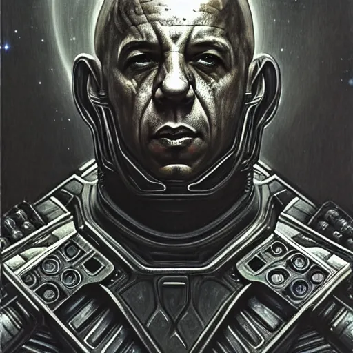 Prompt: a detailed extraterrestrial vin diesel wearing futuristic armor there are pyramids and galaxies in the background by ken sugimori, escher, stephen gammell in the style of dark fantasy, fantasy, magic realism, award - winning art, artstationhd