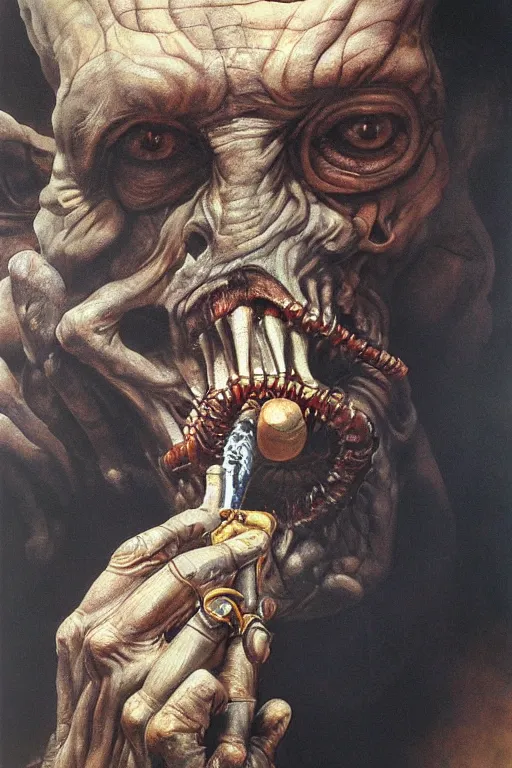 Prompt: beautiful oil clean painting biomechanical portrait a demon smoking by wayne barlowe, rembrandt, complex, stunning, realistic skin color, 4 k, high res, awardwinning, masterpiece, realistic lighting